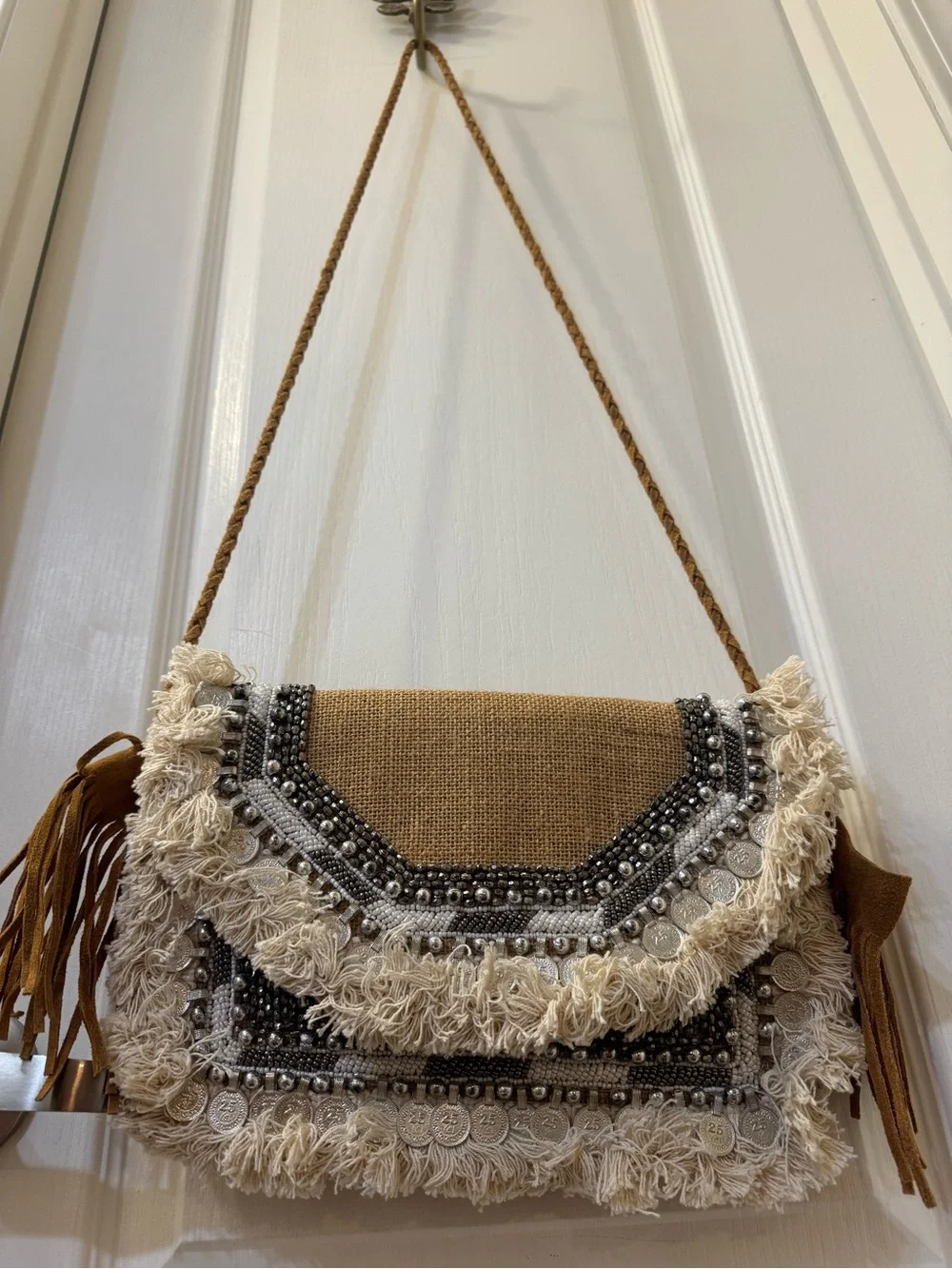 Boho Fringe Beige Crossbody Bag with Coin & Bead Detail